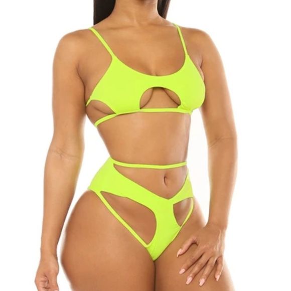 "Summer Time Memories" Neon Green Cut-Out High Waist Bikini Size Medium - Picture 2 of 9